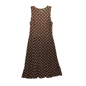 Lauren Ralph Lauren Midi Dress 10 Brown Cream Polka Dot Sleeveless Classic
